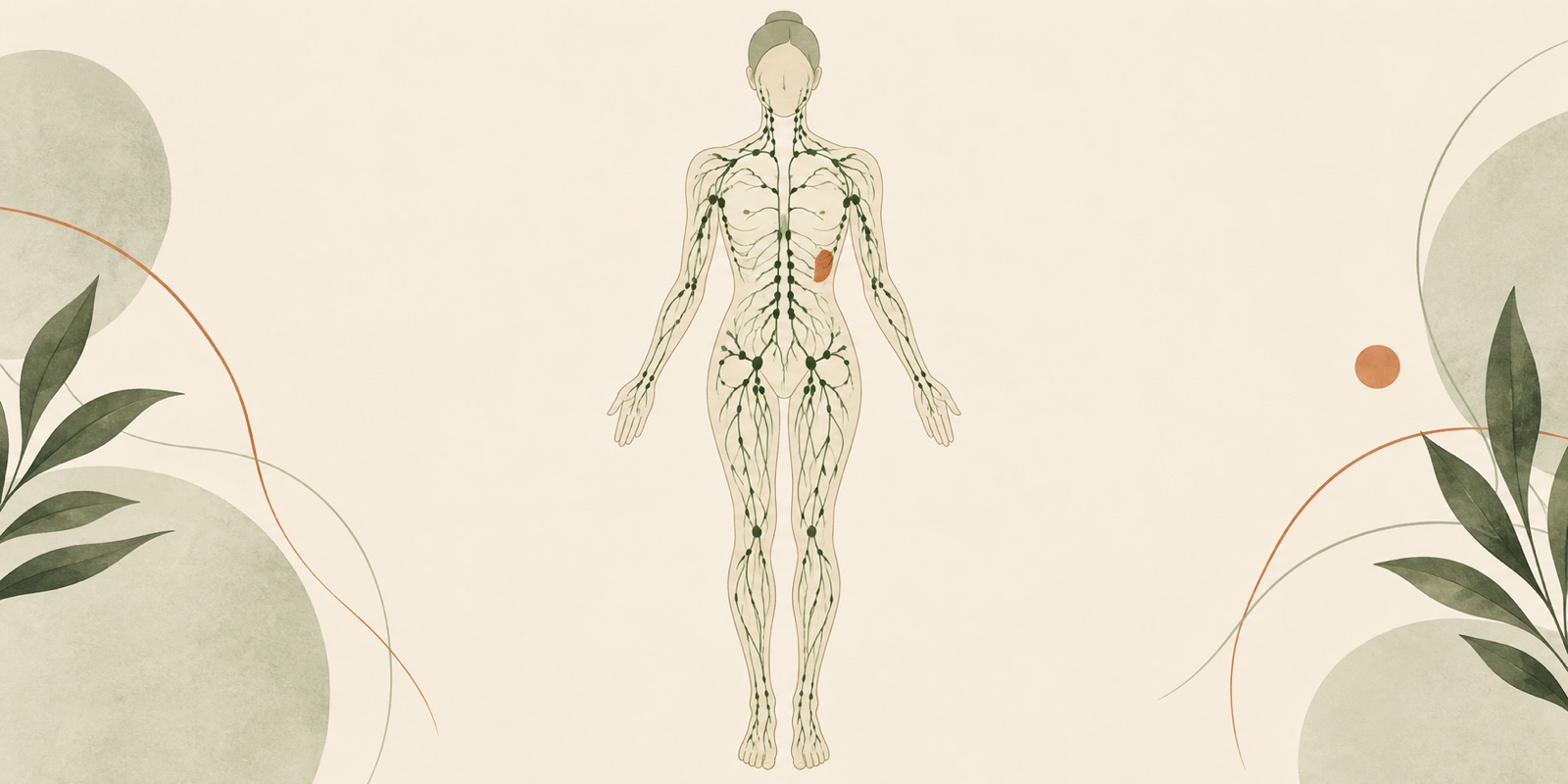 An illustration of the human lymphatic system, showing the vessels and nodes running through the neck, chest, abdomen, arms and legs